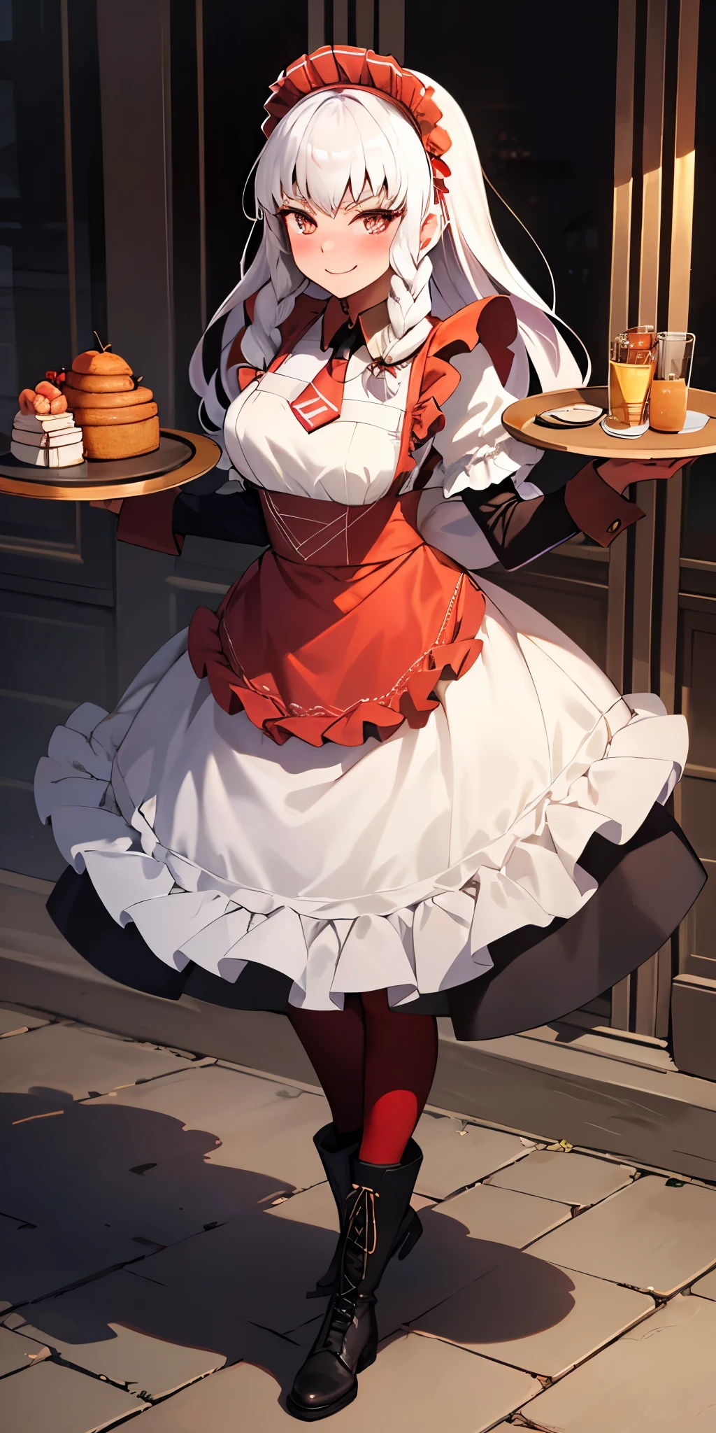 full body standing straight symmetrical, lustful smirking smile face red blush red cheeks, looking at viewer, holding tray, braid, maid headdress, maid, dress, apron, long sleeves, brown pantyhose, long leather military boots, thighs, long white hair, masterpiece