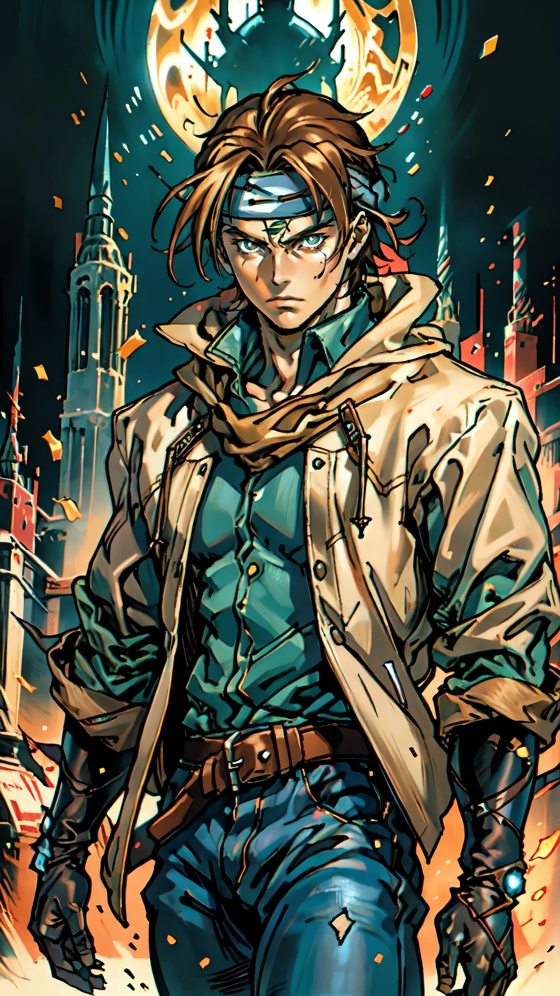 (masterpiece:1.2, best quality:1.2, extremely delicate:1.2), ((male:1.5)), a man with messy short brown hair, choppy bangs, a headband tied around his forehead, sharp eyes, well-defined features, serious expression, fantasy Western-style attire, the color scheme is primarily Yellow with Black accents, a burlap shirt, a leather jacket, a jeans, surrounded by green striped energy, he leaps into the air, this character embodies a finely crafted fantasy Western-style Rogue in anime style, exquisite and mature manga art style, dramatic, high definition, highres, ultra-detailed, ultra-fine painting, professional, perfect body proportions, golden ratio, anatomically correct, symmetrical face, extremely detailed eyes and face, high quality eyes, creativity, RAW photo, UHD, 32k, Natural light, cinematic lighting, (masterpiece-anatomy-perfect:1.2)