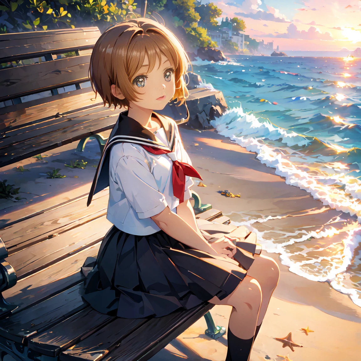  intricate details , Best Quality,  1 girl,  is sitting on a bench, Brown Hair,  short hair, Cute eyes,  school uniform, sunset, Beach