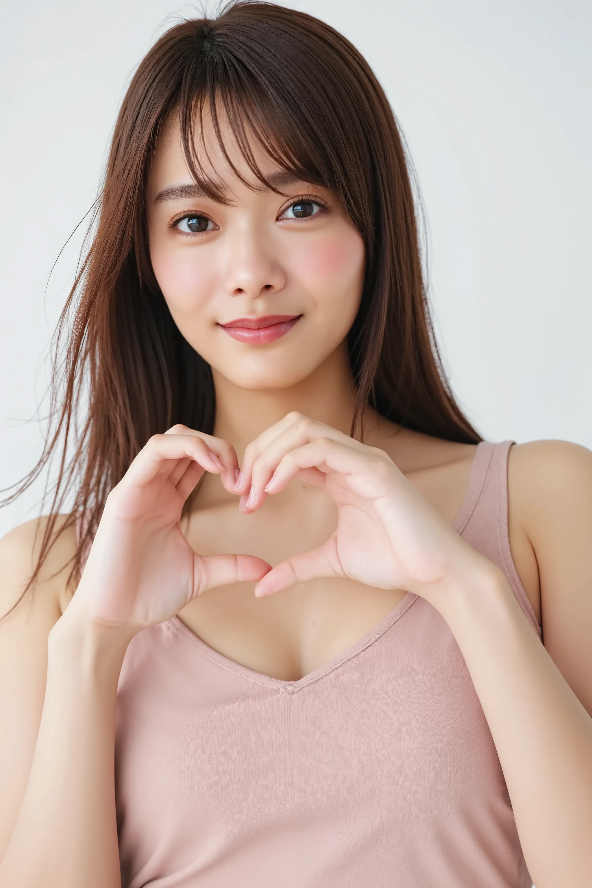 She is in a pose wearing a sexy camisole, making a firm big heart shape with both hands, and holding it in front of her chest, Cute smile up

