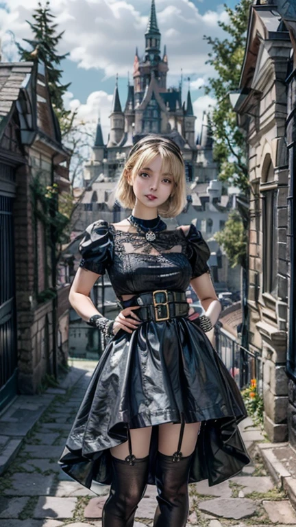  ( Beautiful Girl Standing on the Balcony of an Ancient Castle ),( Realistic Picture , Super detailed, 8k), ((Wide-angle lens, Full Body Woman Standing )),  One Beautiful Girl ，round face、Big eyes、Droopy eyes、light makeup，Cute smile， Exquisite Crystal Jewelry ， Delicate Design Necklace ，crystal headband，Blonde,  short bob,  straight hair，Correct finger structure， Clear White Flare Mini Skirt ,  Clear White Lace Off-the-Shoulder Fashion Outfit，Leather shoes， knee-high socks for viewers、 garter belt、Long legs，Standing posture ，Full body portrait， Fantastic European Castle 、 Rainbow Over the Background 