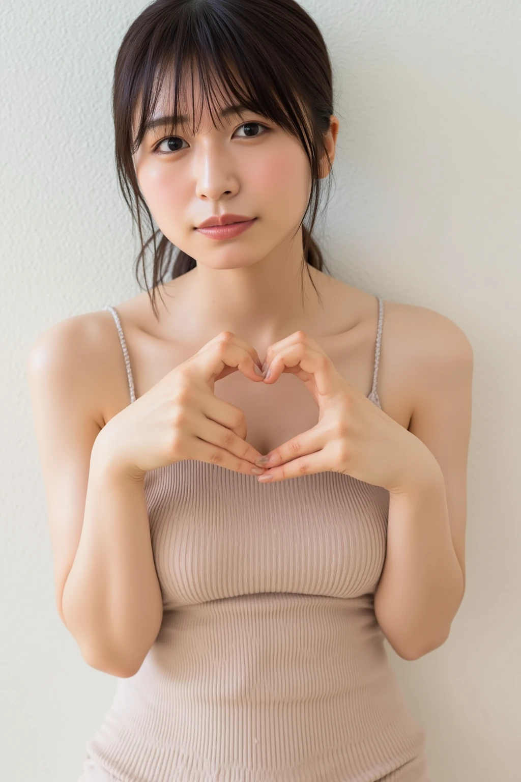 She is in a pose wearing a sexy camisole, making a firm big heart shape with both hands, and holding it in front of her chest, Cute smile up

