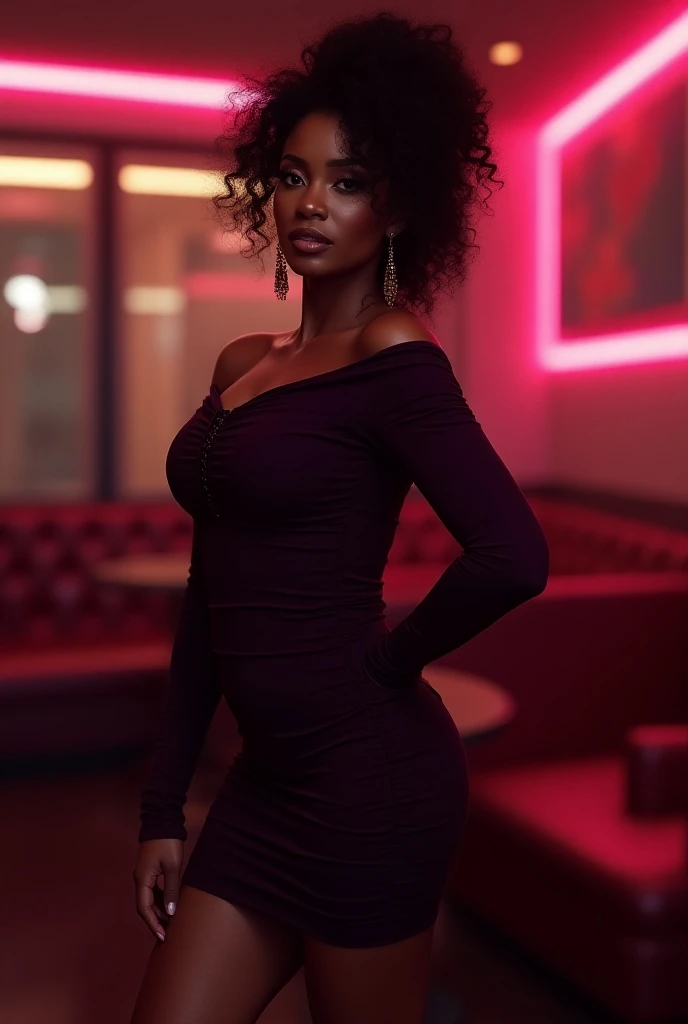 Photorealistic Beautiful mixed-race girl, cocktail dress, brown skin, short natural hair, cleavage, full-body portrait hyperrealism, restaurant, wine, photography, beautiful, colorful, realistic, masterpieces, superior quality, best quality, official art, beautiful and aesthetic,