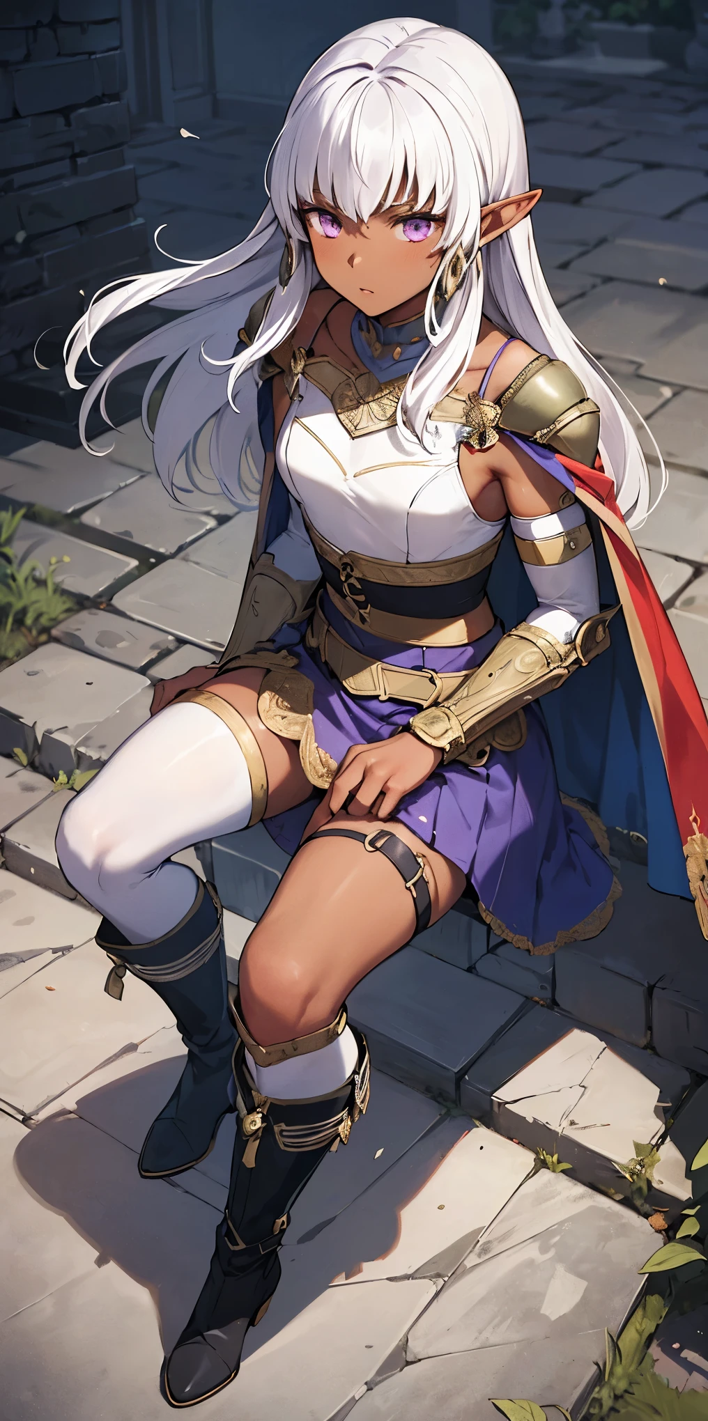 masterpiece, best quality, highly detailed, intricate design, brilliant colors, deedlit, armor, skirt, circlet, boots, bracers, shoulder pads, cape, Elf, dark skin, white hair, purple eyes,
