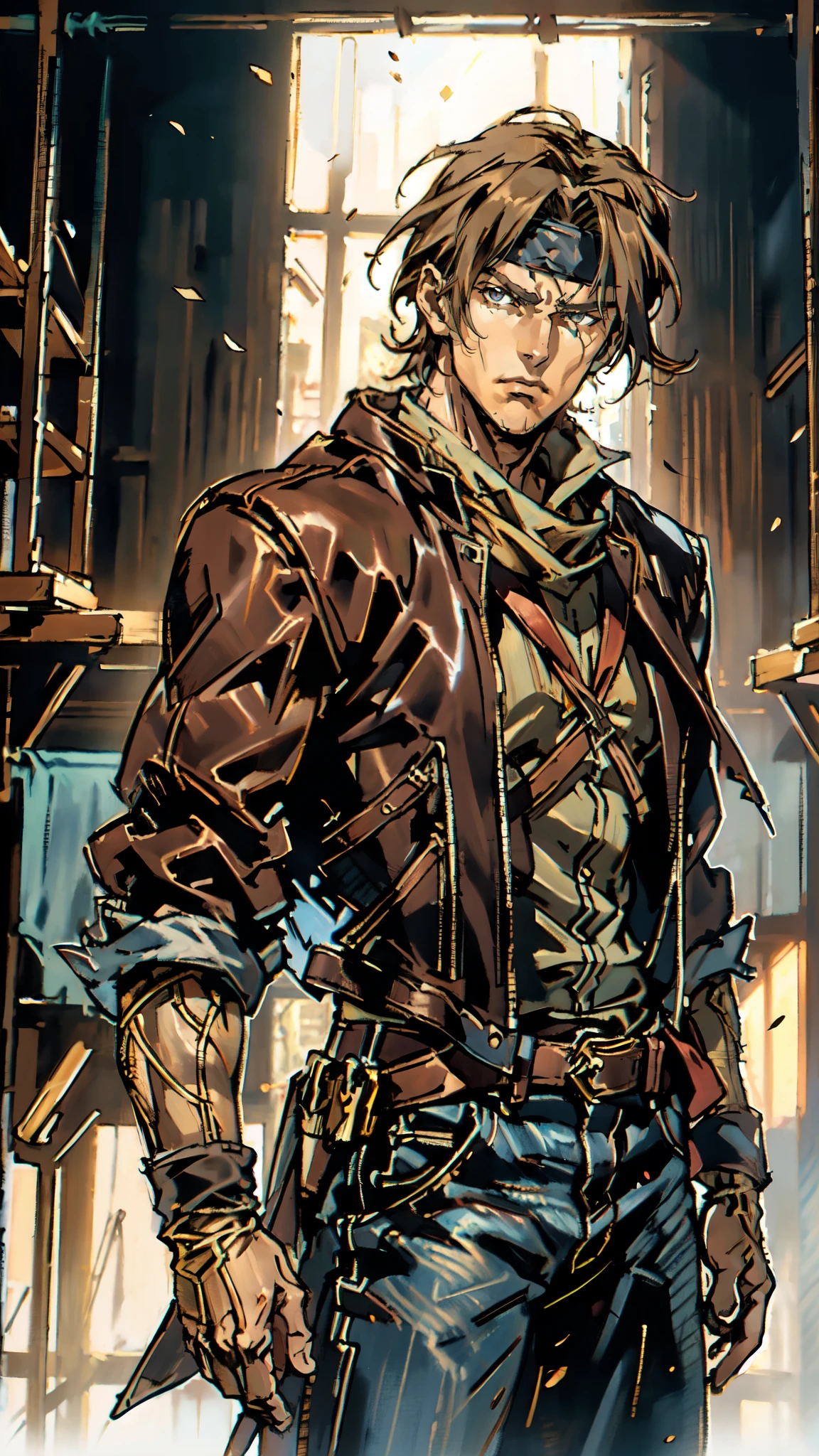 (masterpiece:1.2, best quality:1.2, extremely delicate:1.2), ((male:1.5)), a man with messy short brown hair, choppy bangs, a headband tied around his forehead, sharp eyes, well-defined features, serious expression, fantasy Western-style attire, the color scheme is primarily Yellow with Black accents, a burlap shirt, a leather jacket, a jeans, surrounded by green striped energy, he leaps into the air, this character embodies a finely crafted fantasy Western-style Rogue in anime style, exquisite and mature manga art style, dramatic, high definition, highres, ultra-detailed, ultra-fine painting, professional, perfect body proportions, golden ratio, anatomically correct, symmetrical face, extremely detailed eyes and face, high quality eyes, creativity, RAW photo, UHD, 32k, Natural light, cinematic lighting, (masterpiece-anatomy-perfect:1.2)