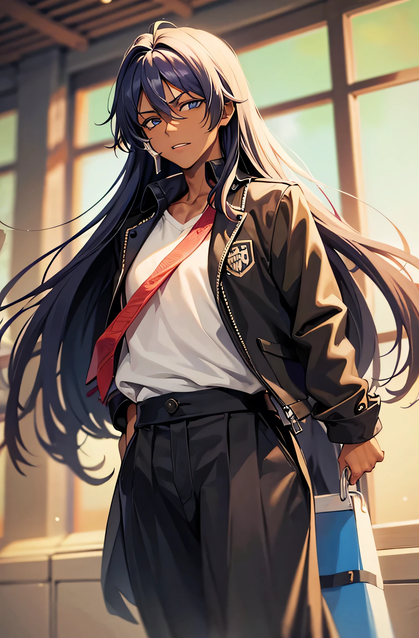 dark-skinned male with long hair walking to high school