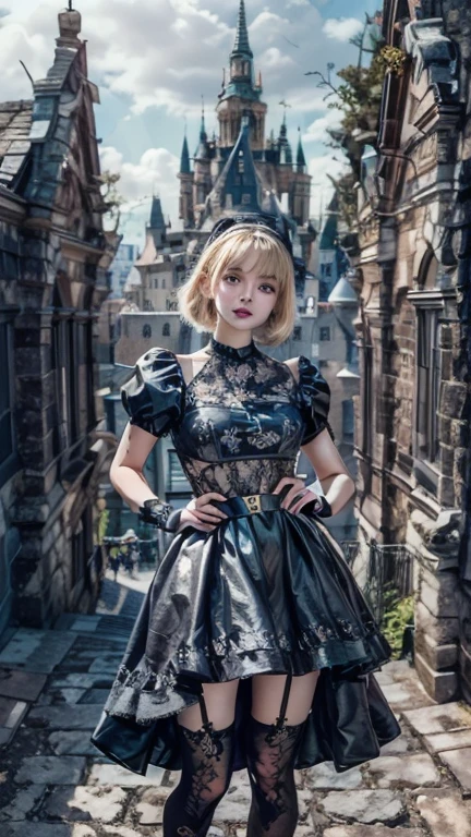  ( Beautiful Girl Standing on the Balcony of an Ancient Castle ),( Realistic Picture , Super detailed, 8k), ((Wide-angle lens, Full Body Woman Standing )),  One Beautiful Girl ，round face、Big eyes、Droopy eyes、light makeup，Cute smile， Exquisite Crystal Jewelry ， Delicate Design Necklace ，crystal headband，Blonde,  short bob,  straight hair，Correct finger structure， Clear White Flare Mini Skirt ,  Clear White Lace Off-the-Shoulder Fashion Outfit，Leather shoes， knee-high socks for viewers、 garter belt、Long legs，Standing posture ，Full body portrait， Fantastic European Castle 、 Rainbow Over the Background 