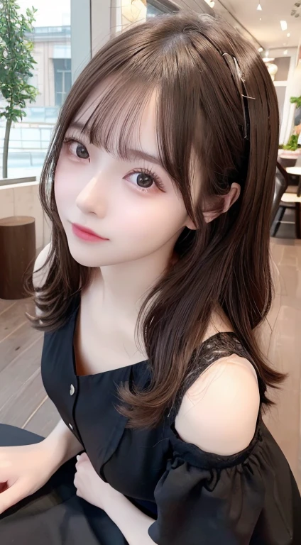 ((top-quality、8k、​masterpiece:1.3))、 one girl、smile、 full body espians 、Slim face、Beautiful woman、(  wavy brown hair)、full length black BLACK dress :1.1、 hyper-detailed face 、Detailed eyes、double eyelid、Blurred Background、Slim face、city、Takeaway、road、Bans、date、 I can see my breasts through 、 dark eyeliner、cafe terrace、Shooting indoors、Indoor background、