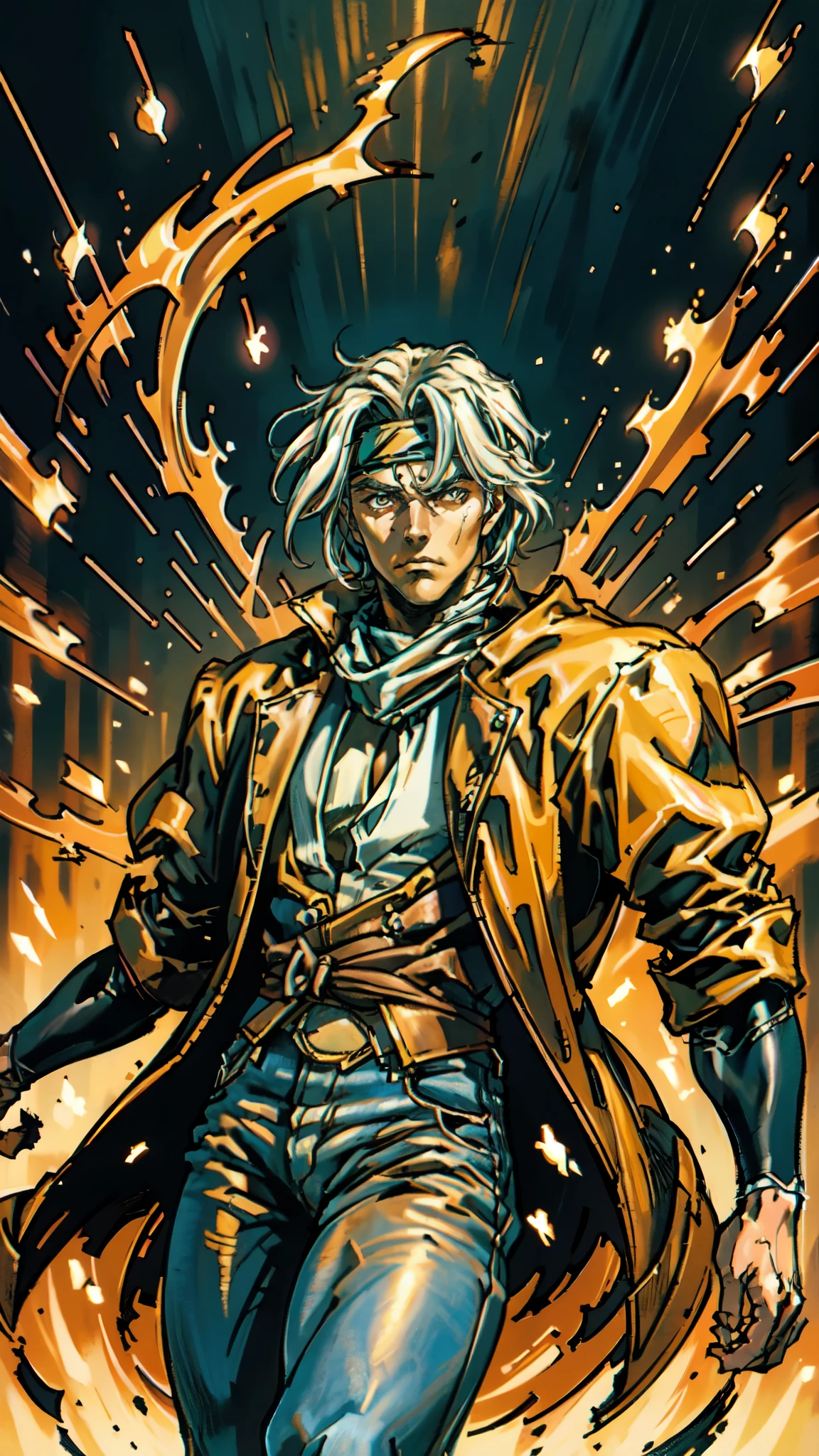 (masterpiece:1.2, best quality:1.2, extremely delicate:1.2), ((male:1.5)), a man with messy short brown hair, choppy bangs, a headband tied around his forehead, sharp eyes, well-defined features, serious expression, fantasy Western-style attire, the color scheme is primarily Yellow with Black accents, a burlap shirt, a leather jacket, a jeans, surrounded by green striped energy, he leaps into the air, this character embodies a finely crafted fantasy Western-style Rogue in anime style, exquisite and mature manga art style, dramatic, high definition, highres, ultra-detailed, ultra-fine painting, professional, perfect body proportions, golden ratio, anatomically correct, symmetrical face, extremely detailed eyes and face, high quality eyes, creativity, RAW photo, UHD, 32k, Natural light, cinematic lighting, (masterpiece-anatomy-perfect:1.2)