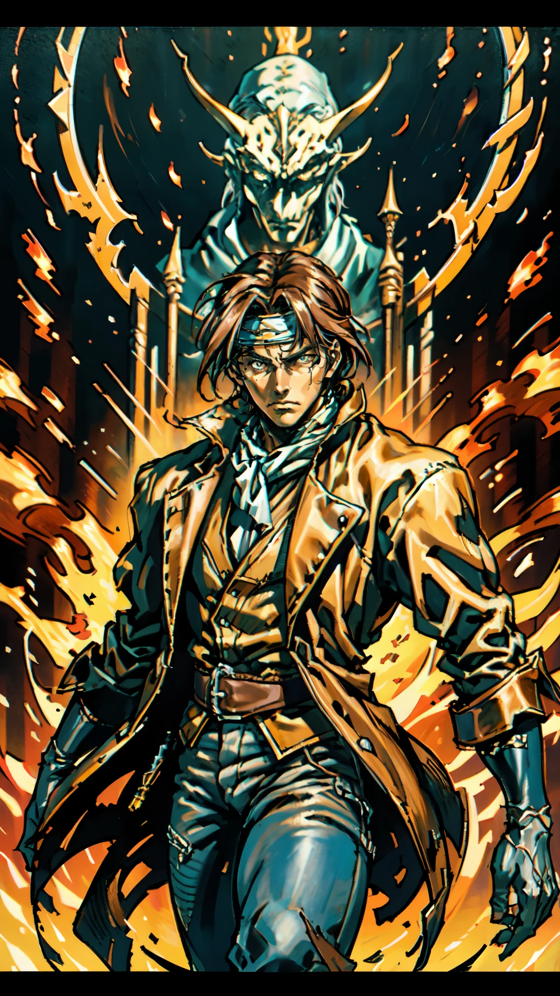 (masterpiece:1.2, best quality:1.2, extremely delicate:1.2), ((male:1.5)), a man with messy short brown hair, choppy bangs, a headband tied around his forehead, sharp eyes, well-defined features, serious expression, fantasy Western-style attire, the color scheme is primarily Yellow with Black accents, a burlap shirt, a leather jacket, a jeans, surrounded by green striped energy, he leaps into the air, this character embodies a finely crafted fantasy Western-style Rogue in anime style, exquisite and mature manga art style, dramatic, high definition, highres, ultra-detailed, ultra-fine painting, professional, perfect body proportions, golden ratio, anatomically correct, symmetrical face, extremely detailed eyes and face, high quality eyes, creativity, RAW photo, UHD, 32k, Natural light, cinematic lighting, (masterpiece-anatomy-perfect:1.2)