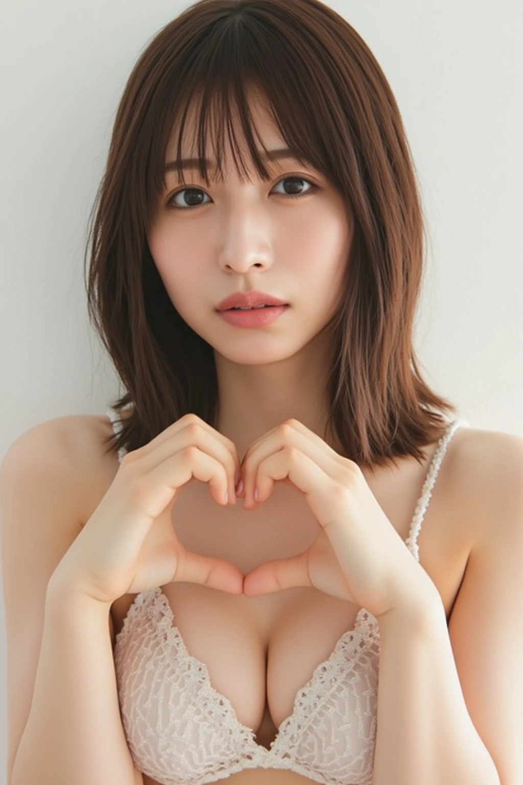 She is in a pose wearing a sexy camisole, making a firm big heart shape with both hands, and holding it in front of her chest, Cute smile up

