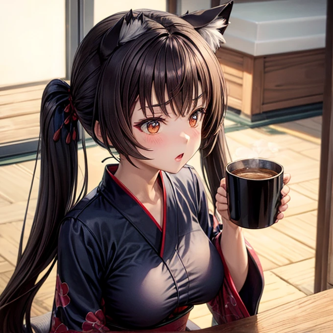 kimono　   leotard　　Big Breasts　  coffee in a mug　cat ears　　Brown Hair