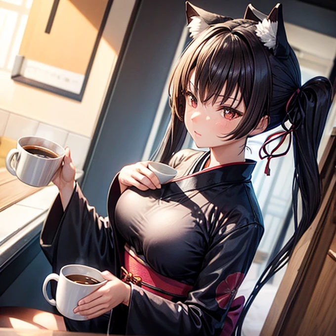 kimono　   leotard　　Big Breasts　  coffee in a mug　cat ears　　Brown Hair