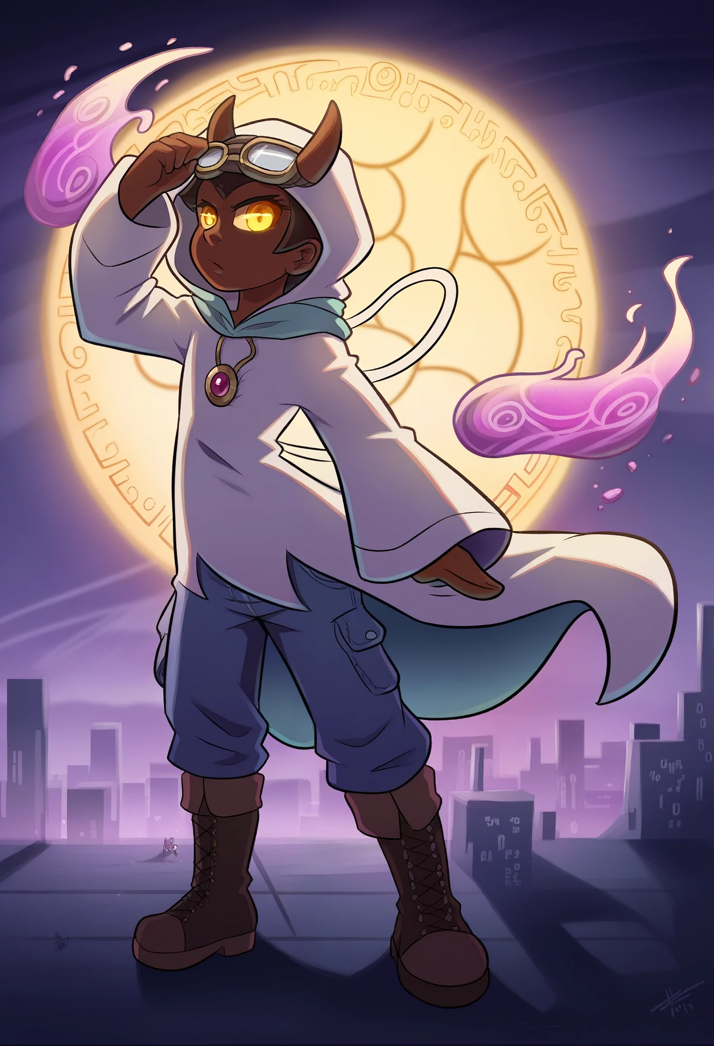 young man, dark brown skin, bright yellow eyes, orange sclera, white hoodie, demon hoodie, hood up, oversized hoodie, baggy sleeves, dark blue jeans, brown boots, laced boots, tall boots, lab goggles, goggles on forehead, wind-blown hair, short hair, side part, neutral expression, standing pose, casual stance, city background, dusk lighting, warm light, realistic, intricate details, smooth shading, digital art, highly detailed face, realistic clothing texture, soft glow, slightly serious, casual fashion, high contrast, dramatic lighting, photorealistic, ambient shadows, glossy eyes, focus on eyes, vivid colors, deep shadows, medium shot
menacing presence, Gentle Expression, detailed face, extremely detailed eyes, masterpiece, 4k, 8k, high-res, ultra-detailed, physically-based rendering, vivid colors, studio lighting cinematic lighting, dramatic lighting, fantasy, dramatic composition, dynamic pose, volumetric lighting, glowing runes, ethereal runes, rune-covered body, magical aura, purple energy, enchanted markings, shadow magic, magical aura intricate details, glowing magical energy, Ethereal runes, glowing eyes, breathtaking scenery, enchanted markings, nature magic, intricate details, glowing magical energy, Full body, chaos atmosphere