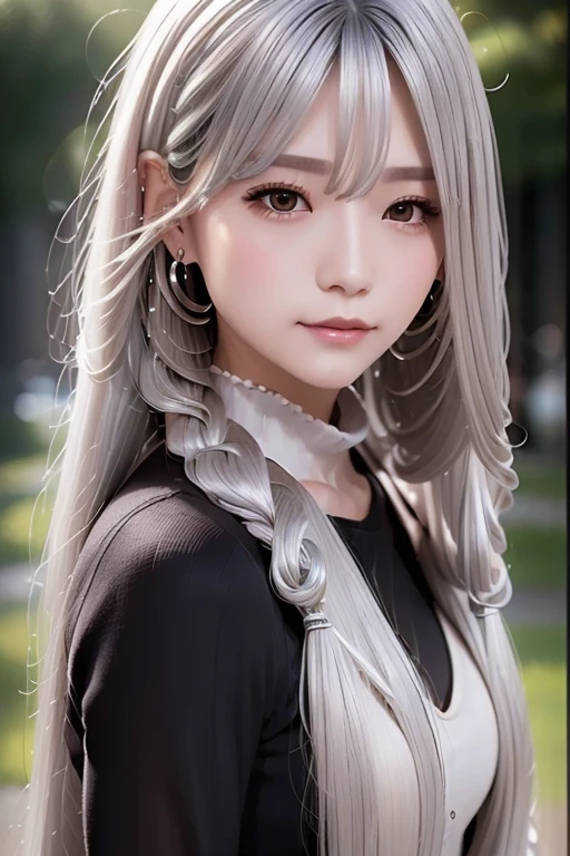 Best Quality, ((Woman with long silver hair)), ( Portrait ), Facial beauty,  Natural Wave Hair ,  wonderful, delicate, beautiful, 8k,  earrings, concept,  close