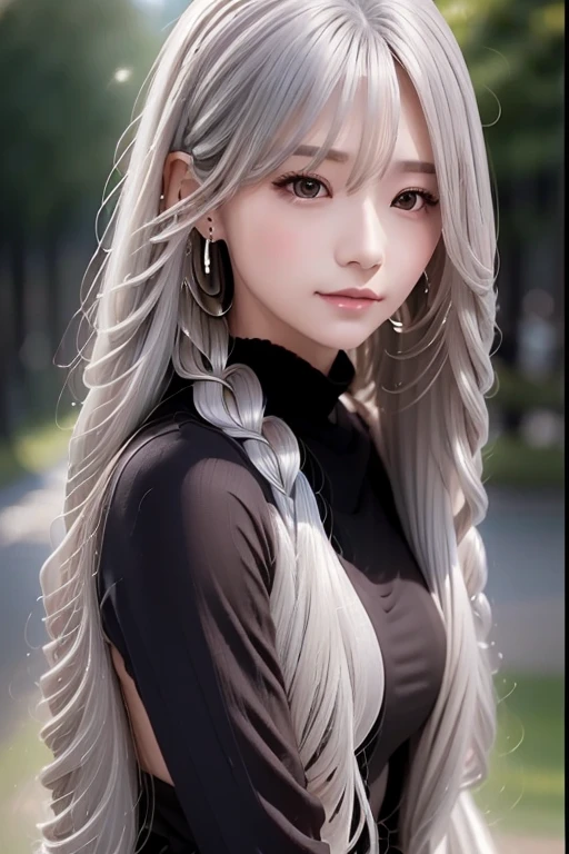 Best Quality, ((Woman with long silver hair)), ( Portrait ), Facial beauty,  Natural Wave Hair ,  wonderful, delicate, beautiful, 8k,  earrings, concept,  close