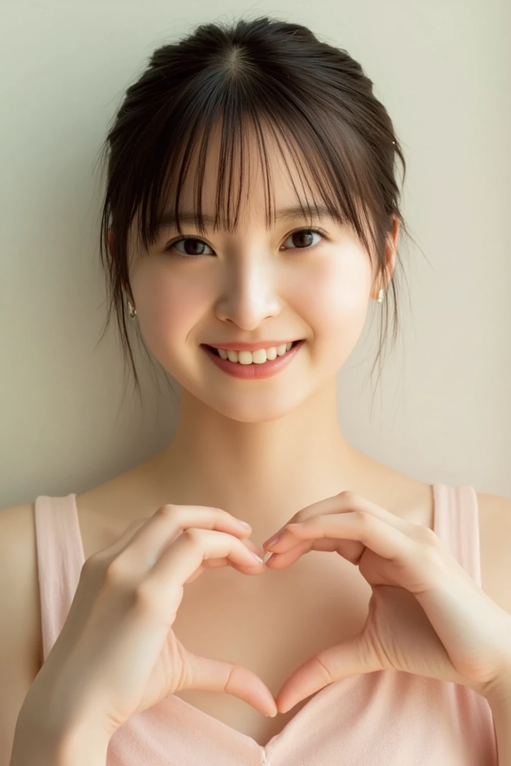 She is in a pose wearing a sexy camisole, making a firm big heart shape with both hands, and holding it in front of her chest, Cute smile up

