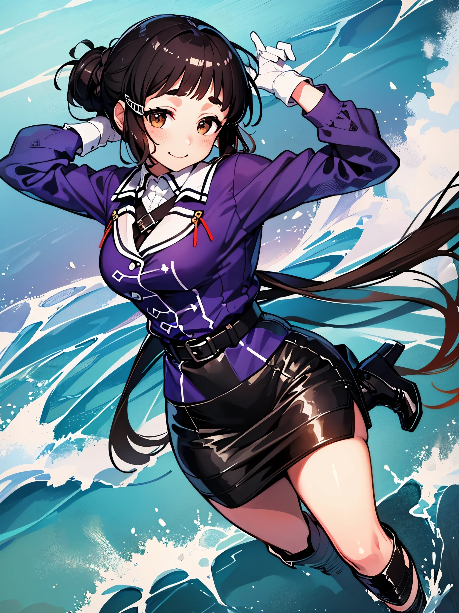 Myoko Kaiji \(Kantai Collection\), Long Hair, Brown Hair,  Brown Eyes ,  Hair Accessory , Clothing : uniform,  purple jacket,  black tuxedo, White gloves, black belt,  Black Skirt ,  miniskirt in length,   Pencil Skirt ,  white pantyhose, Grey shoes,  High Heels ,
Break Smile, shy, blush your nose, (Heart Hand,  put your hands together :1)
Destroying a masterpiece, Best Quality,  high resolution, 8k, Official Art, Super detailed,  Super Resolution ,  very detailed and beautiful,  very detailed, wonderfully detailed ,  very detailed美しい女の子,  very detailed顔,  very detailed目,  very detailed肌,  very detailed指,  very detailed鼻, Very knowledgeable mouth,  Perfect Anatomy Break Full Body Shot, Opposition, On the Sea, On the water, bright, scenery,  very detailed CG unity 16k, Extremely Detailed 16KCG Wallpaper ,( feet ),(Panty shot)