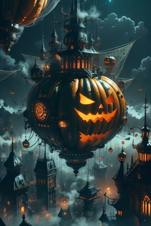 a steampunk pumpkin-theme city floating in the sky, detailed architecture, magical-technological blend, steam puffing out, glowing lights in the dark night, floating over a Victorian-style steampunk city illuminated by gaslamps, people on the ground are pointing up at the pumpkin-theme city, cinematic lighting, dramatic clouds, 8k, highly detailed, intricate, beautiful, photorealistic, masterpiece, professional, vivid colors, dramatic lighting, dynamic composition