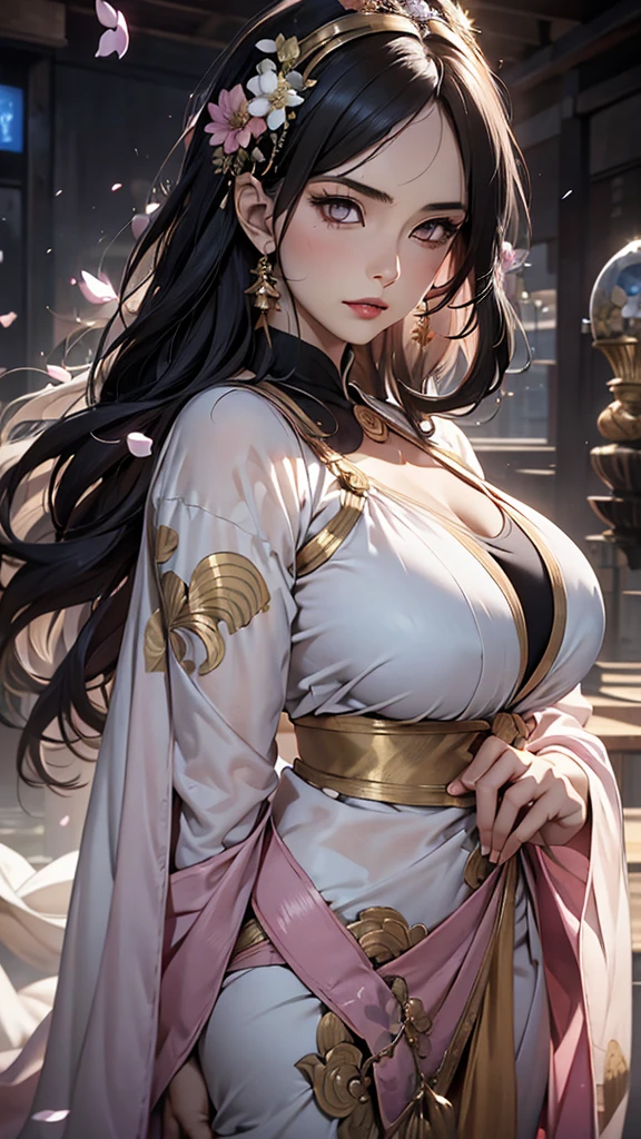 masterpiece, absurdres, hinata uzumaki\(boruto\), 1girl, solo,mature female, wearing indian saree, saree has black blouse, golden dupatta and golden pallu, looking at viewelling petals), perfect composition, detailed lips, big breast, beautiful face, body proportion, blush, (pink lips), long black hair, hair over shoulder, white-eyed, byakugan, soft gaze, super realistic, detailed, photoshoot, realistic face and body, full body picture
