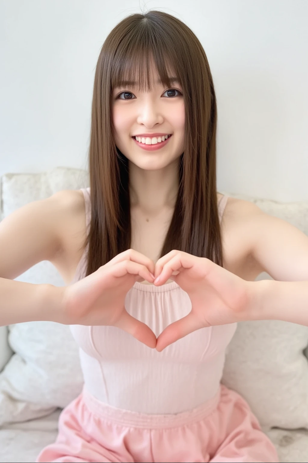 She is in a pose wearing a sexy camisole, making a firm big heart shape with both hands, and holding it in front of her chest, Cute smile up

