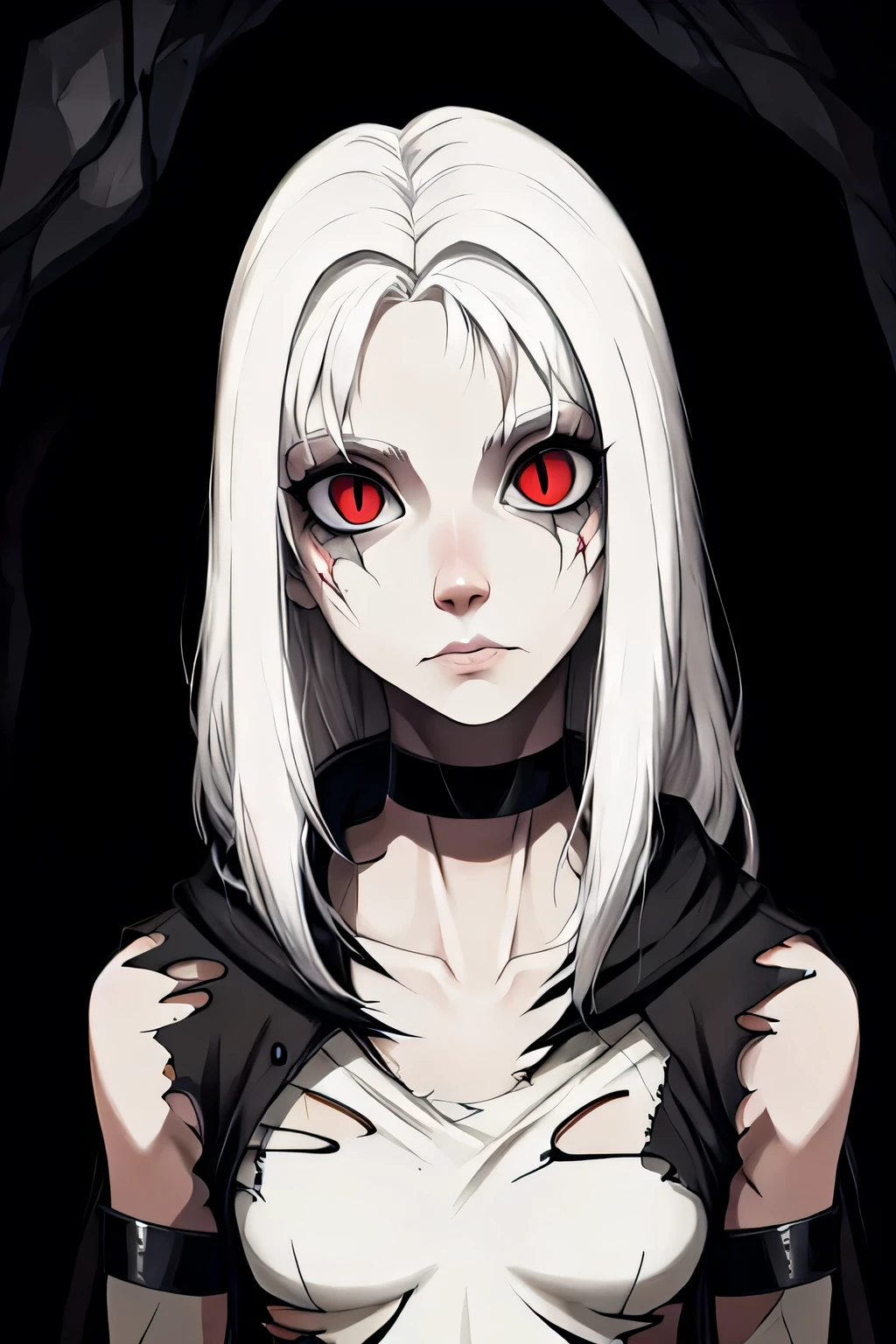 Masterpiece, best quality, 8k, cinematic lighting , cowboy shot, 1girl, (((colorless skin, white skin))), beautiful girl, cracked dry skin, thin lips, pale lips, ((((white hair)))), solo, (very long hair, matted hair, straight hair, messy hair, tangled hair), blank expression, very large eyes, (( gaunt cheeks, pronounced cheek bones, undead, malnourished, anorexic )), (((red eyes, snake eyes))), looking at viewer, 3/4 view, cowboy shot, dark background scene, upper body, small breasts, albino, ((((ragged clothes, long sleeve ,loose clothes , torn clothes, dark gray clothes, red wool scarf, fur lined collar, white fur, tattered rags, red wool cloak)))), ((dirty clothes)), ((black leather gauntlets)), (((red metal choker ))), ((rib cage)), BREAK, (in a dark cave, dark background), gloomy,head tilt,