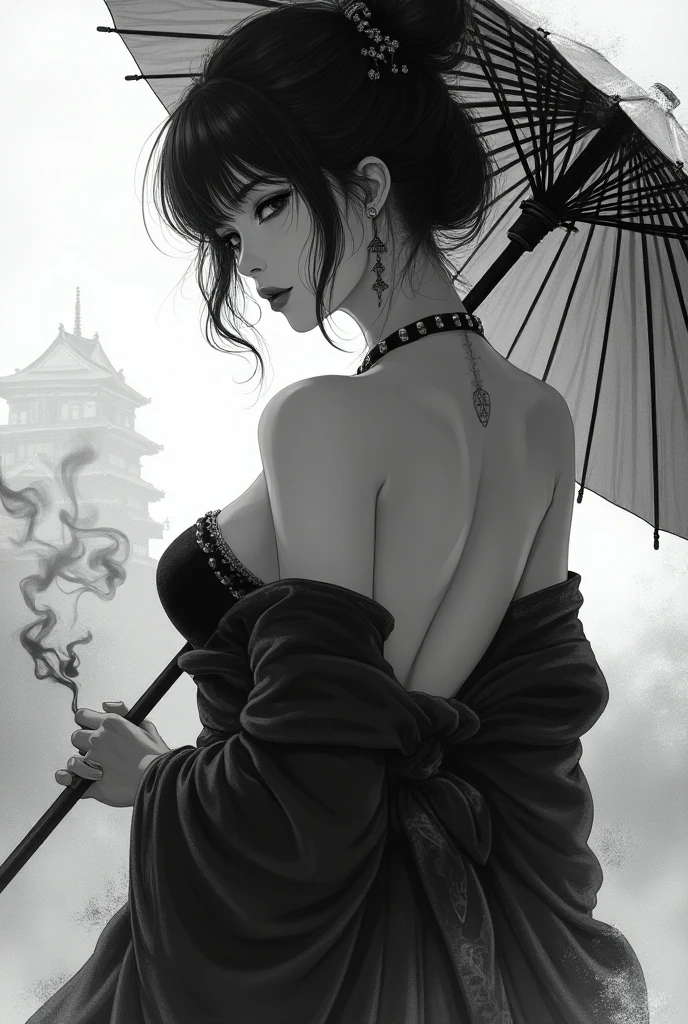 Drawing of A woman wearing a black dress and standing in a room. She is holding a red umbrella, which is open and positioned in front of her. The woman appears to be wearing a black bra and is posing for the picture. The scene is drawn in a sketch-like style, giving it an artistic and unique appearance.