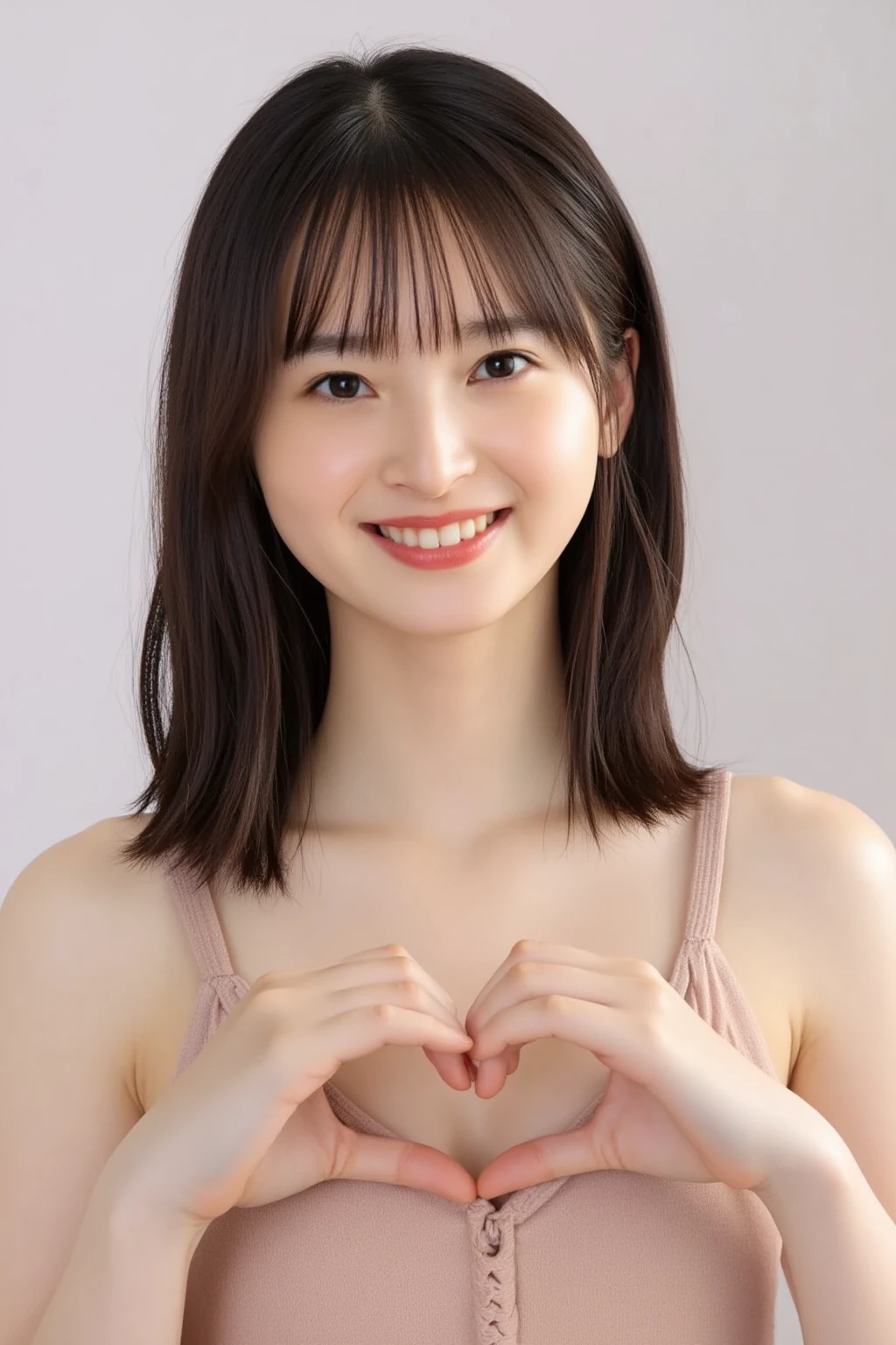 She is in a pose wearing a sexy camisole, making a firm big heart shape with both hands, and holding it in front of her chest, Cute smile up

