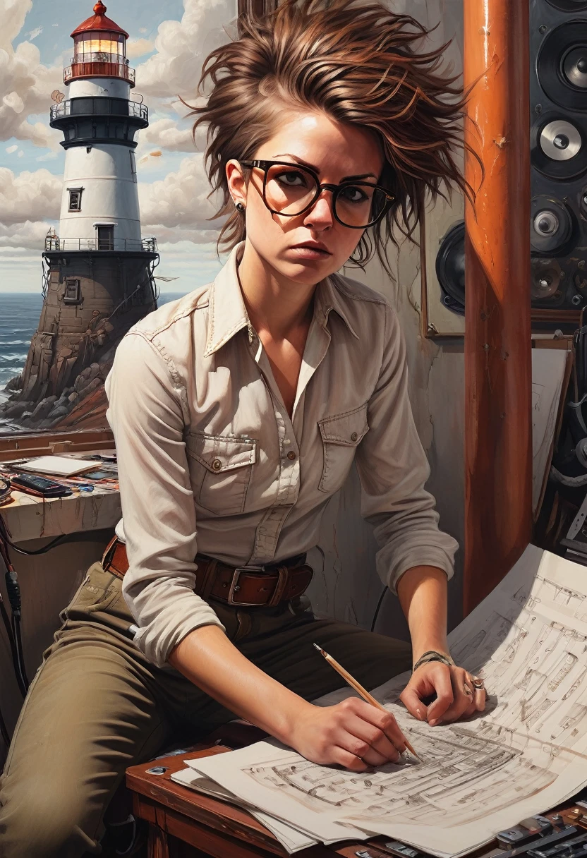 Oil painting, Unity Engine, award winning, aerial shot of an elegant Punks (Female in glasses:1.2) Composing music, the Girl is Intricate, dressed in [linen shirt on buttons, canvas cargo pants with belt and military boots|1970s disco fashion], Her short shaggy brown hair is tinged with rust, [Tribal:Boundless:17] Belts, from inside of a Lighthouse, Rough sketch, Surrealism Art, Monochromatic coppelter, sloppy strokes, Mandala, skin pores, (by Dan Mumford:1.1), a look of shock