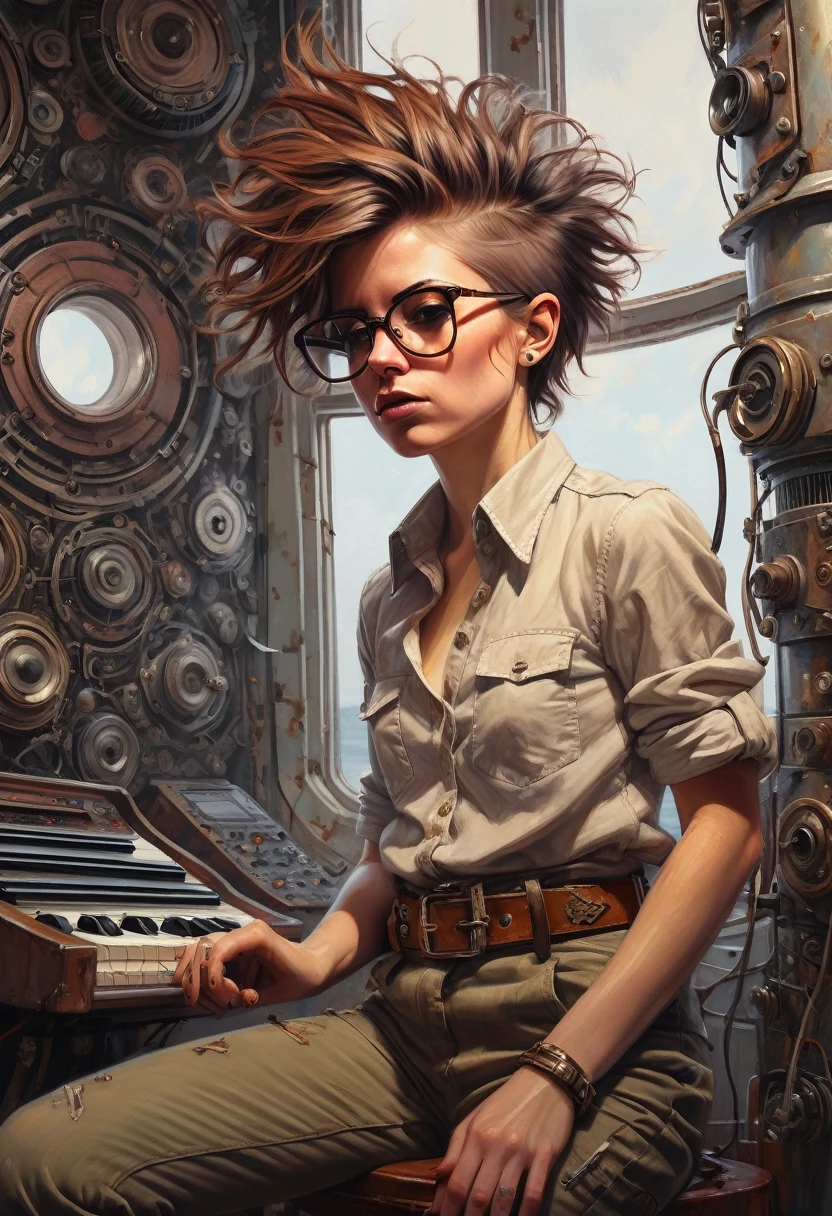 Oil painting, Unity Engine, award winning, aerial shot of an elegant Punks (Female in glasses:1.2) Composing music, the Girl is Intricate, dressed in [linen shirt on buttons, canvas cargo pants with belt and military boots|1970s disco fashion], Her short shaggy brown hair is tinged with rust, [Tribal:Boundless:17] Belts, from inside of a Lighthouse, Rough sketch, Surrealism Art, Monochromatic coppelter, sloppy strokes, Mandala, skin pores, (by Dan Mumford:1.1), a look of shock