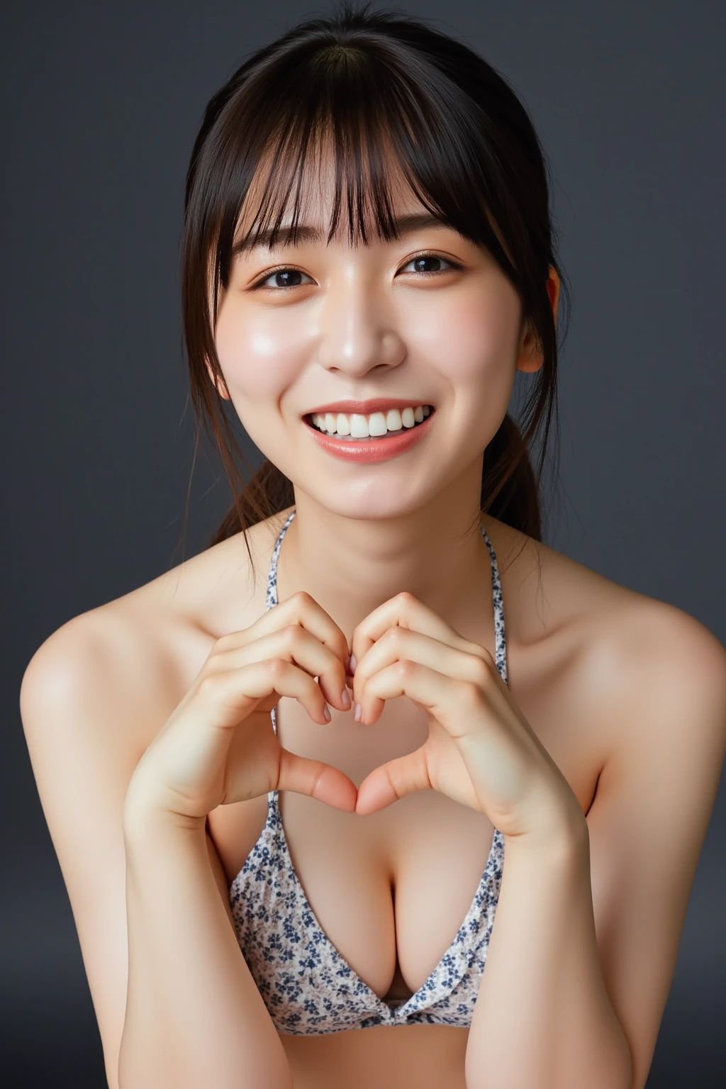 She is in a pose wearing a sexy camisole, making a firm big heart shape with both hands, and holding it in front of her chest, Cute smile up、Monotone background

