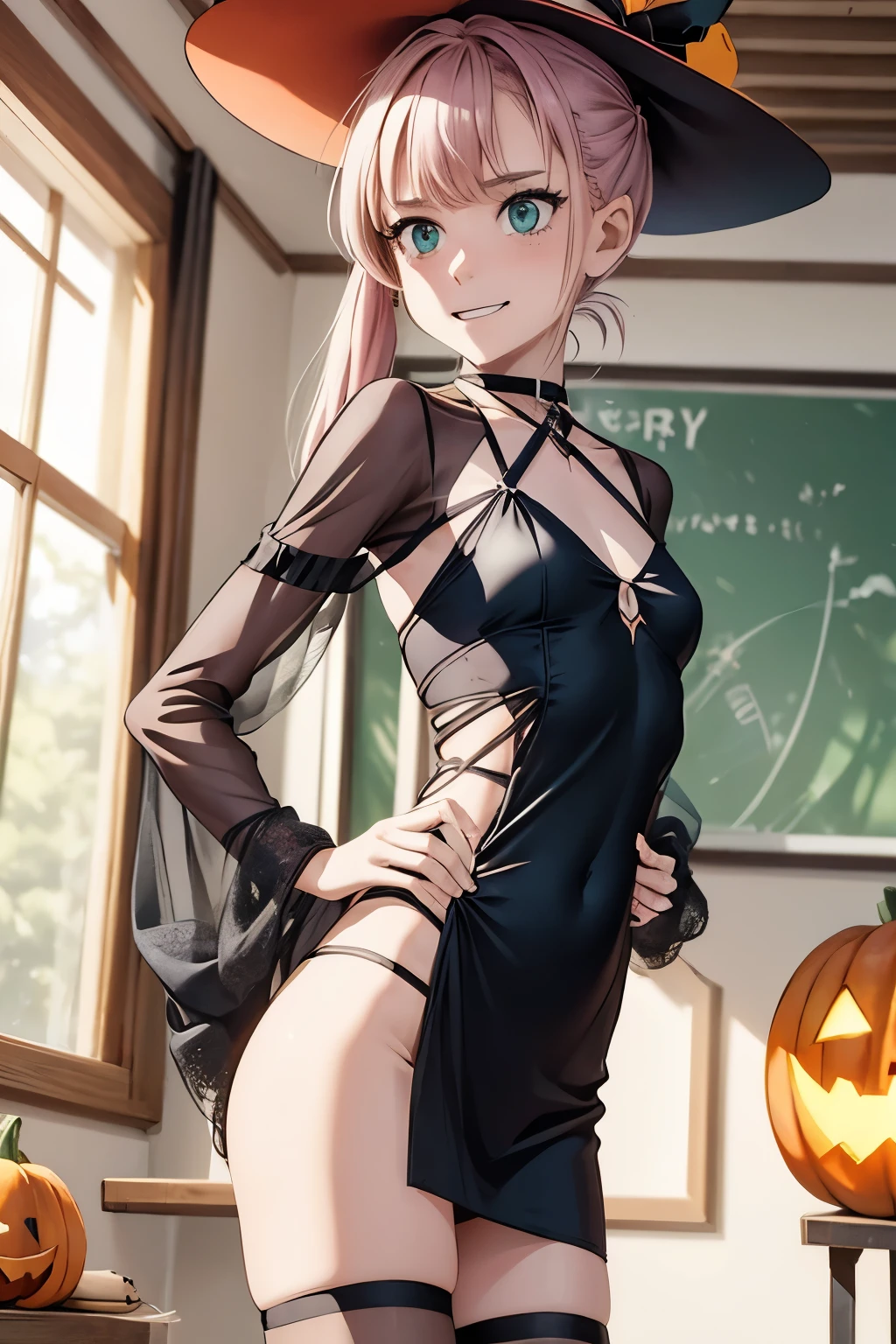 masterpiece，  high quality, 最  high quality,   A very young very  ，1 person，Elita-chan  ， Pink Hair，  short hair，  side ponytail  ，green eyes，   Very short tall  ，   ， Very small breasts， Very thin thighs ，Very small ass， I'm wearing a long-sleeved oversized Halloween costume and a short blue miniskirt，Halloween Hats，Halloween props，Her hair tied in a ponytail    ，  She's talking to her classmates during class  ，  cowboy shot, [ dynamic poses , Shadow of light , Blurred Background , Realistic，  perfect face，  expressive eyes，Autumn leaves，