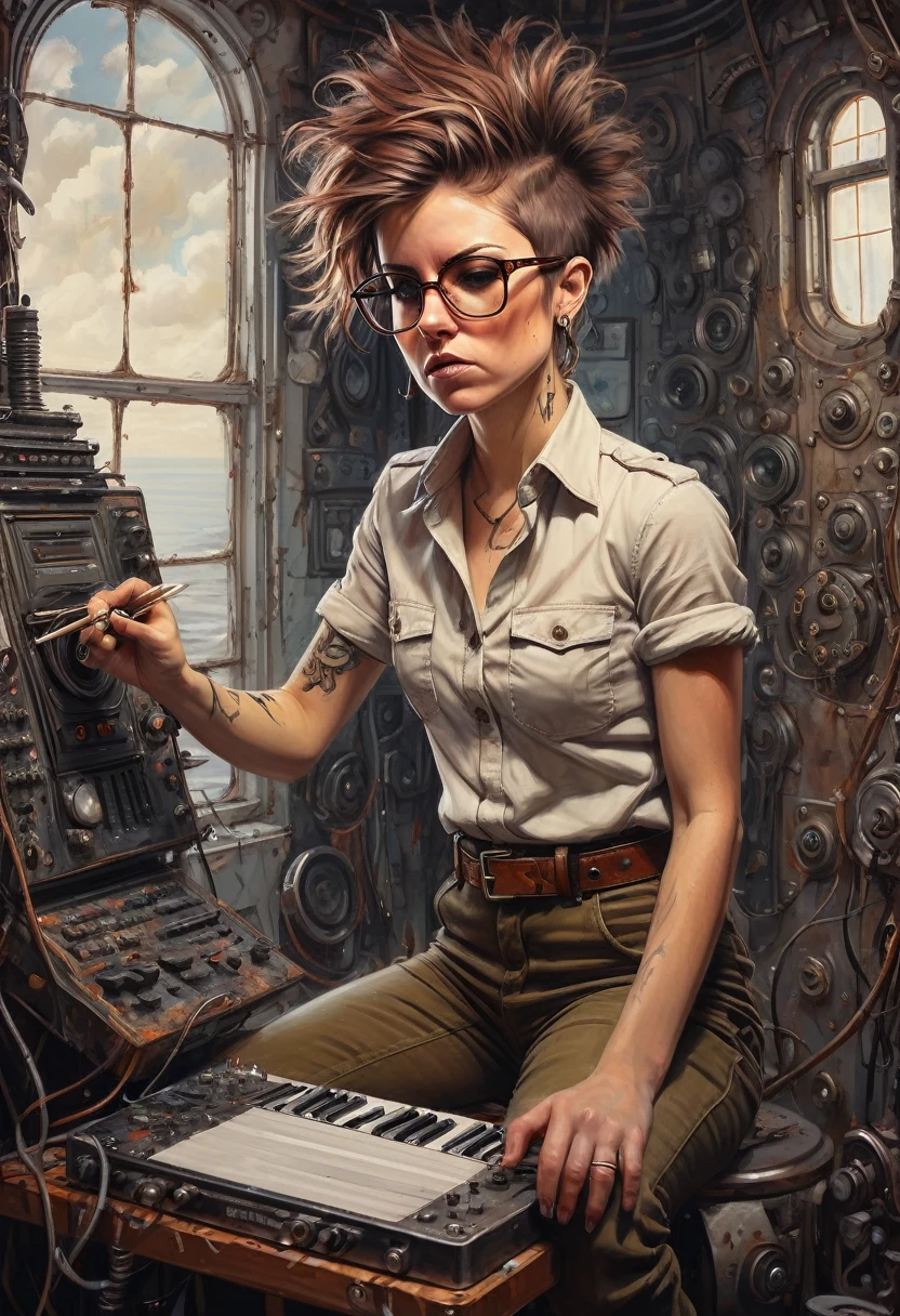 Oil painting, Unity Engine, award winning, aerial shot of an elegant Punks (Female in glasses:1.2) Composing music, the Girl is Intricate, dressed in [linen shirt on buttons, canvas cargo pants with belt and military boots|1970s disco fashion], Her short shaggy brown hair is tinged with rust, [Tribal:Boundless:17] Belts, from inside of a Lighthouse, Rough sketch, Surrealism Art, Monochromatic coppelter, sloppy strokes, Mandala, skin pores, (by Dan Mumford:1.1), a look of shock