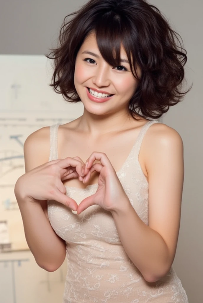 She is in a pose wearing a sexy camisole, making a firm big heart shape with both hands, and holding it in front of her chest, Cute smile up、Monotone background

