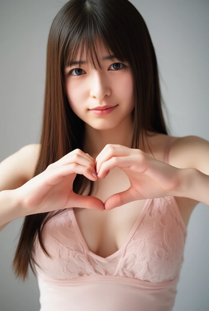 She is in a pose wearing a sexy camisole, making a firm big heart shape with both hands, and holding it in front of her chest, Cute smile up、Monotone background

