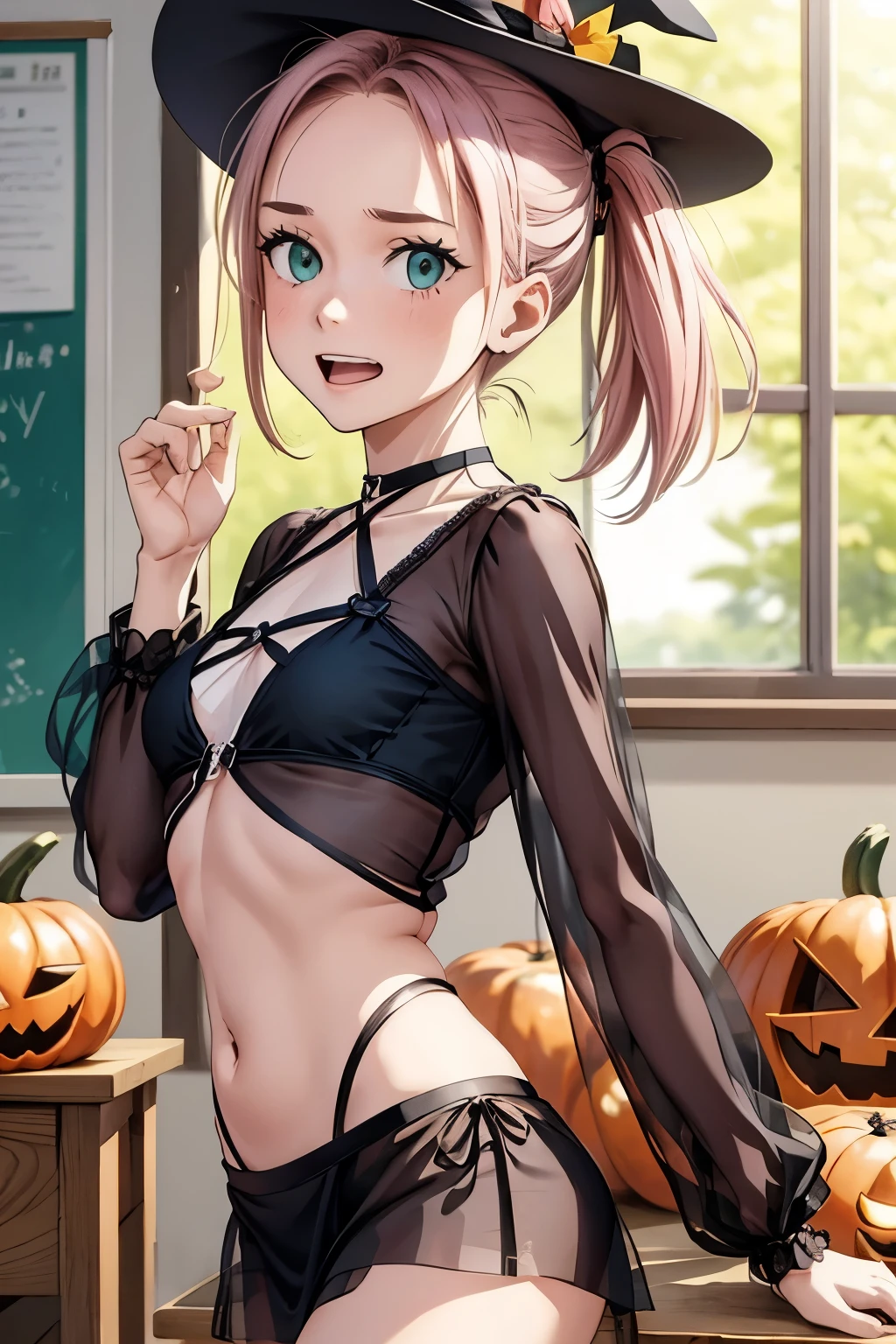 masterpiece，  high quality, 最  high quality,  Very Young Very ita-chan  ， Pink Hair，  short hair，  side ponytail  ，green eyes， Very short stature， toddler figure ，Very small breasts， Very thin thighs，Very small ass，I'm wearing a long-sleeved oversized Halloween costume and a short miniskirt，Halloween Hats，Halloween props，Her hair tied in a ponytail  ，  She's talking to her classmates during class ， cowboy shot, [ dynamic poses , Shadow of light , Blurred Background , Realistic，  perfect face，  expressive eyes，Autumn leaves，