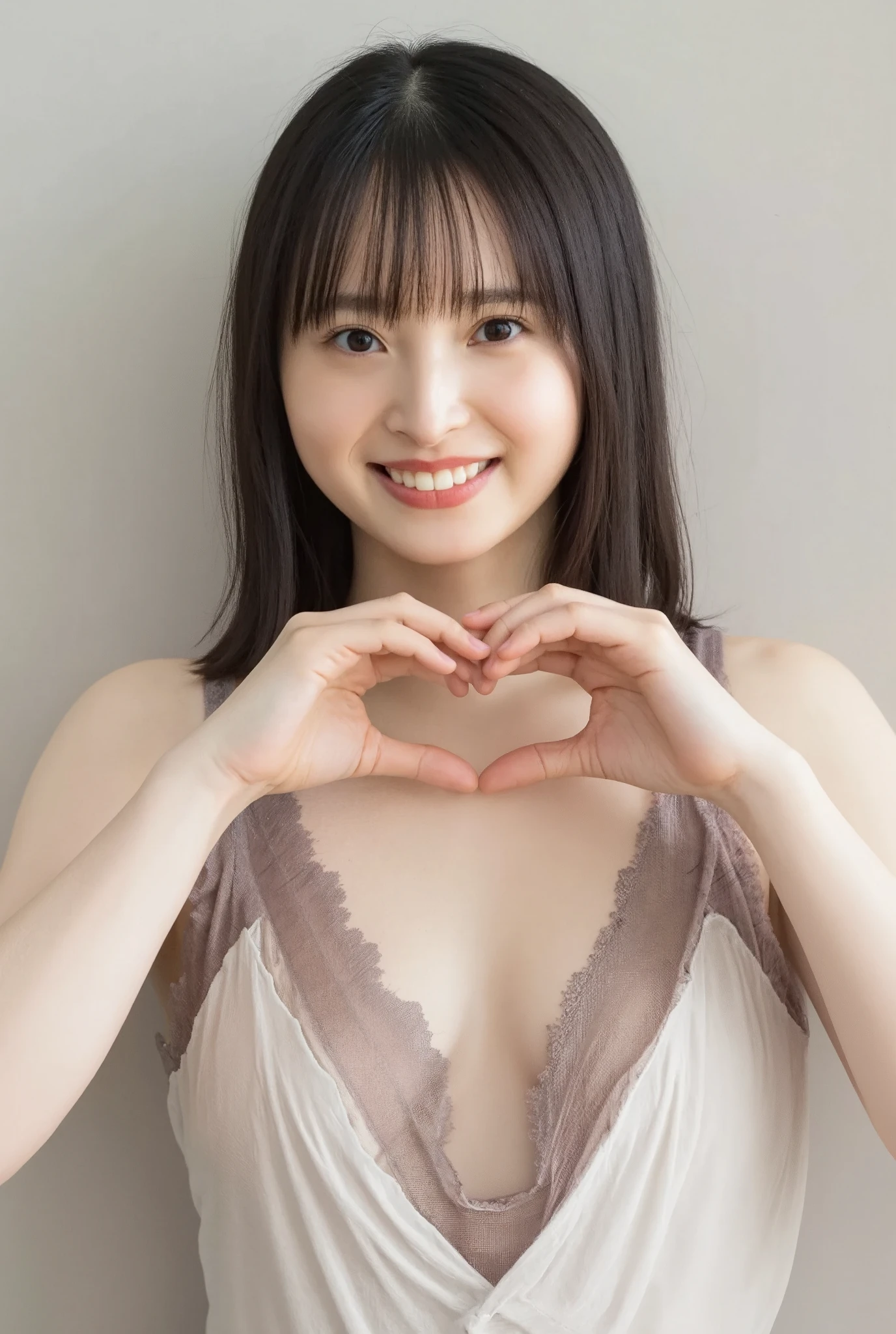 She is in a pose wearing a sexy camisole, making a firm big heart shape with both hands, and holding it in front of her chest, Cute smile up、Monotone background

