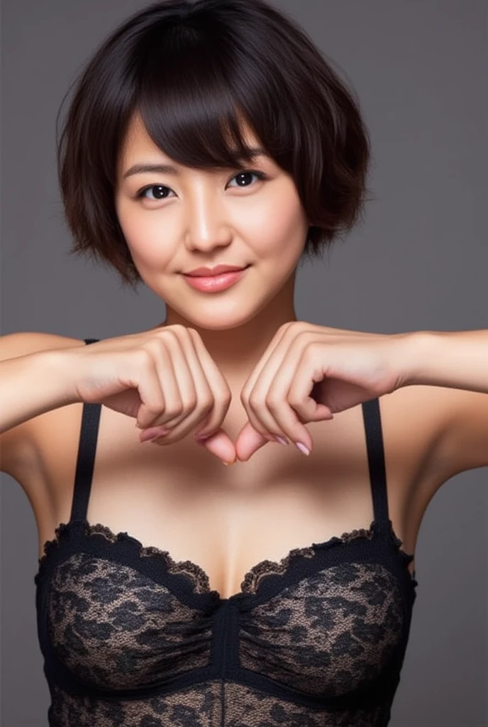 She is in a pose wearing a sexy camisole, making a firm big heart shape with both hands, and holding it in front of her chest, Cute smile up、Monotone background

