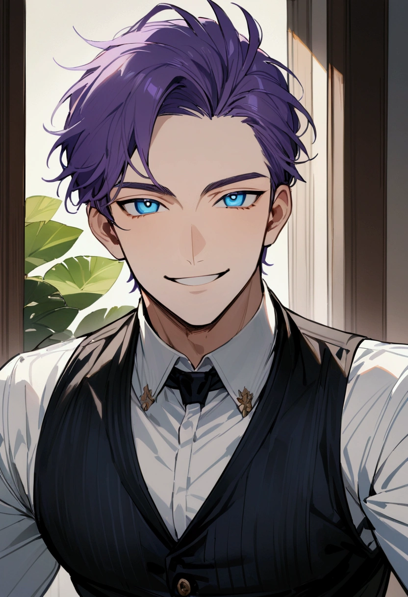 whole body、Character portrait、male、masterpiece、Handsome、The forehead is visible、1 man,  purple Hair、Give bangs、Showing his forehead、Handsome、Intricately drawn eyes、good looking、((blue eyes)), 30 years old, handsome male, smiling, wearing vest, sarcastic smile