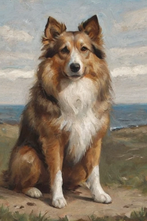 a solo portrait painting of Shetland Sheepdog, full body shot, hurt, cartoon, caricature,  prefect hair,  marsattacks style, 