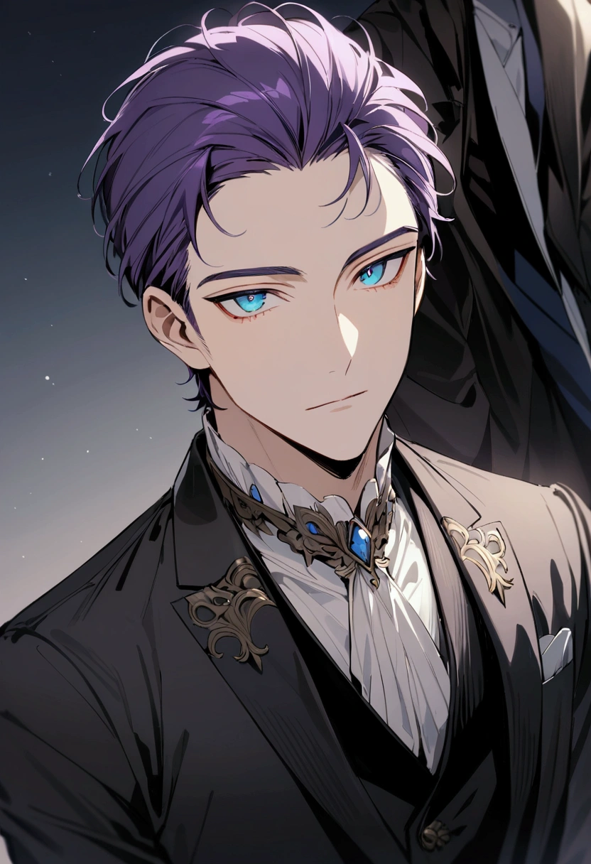 whole body、Character portrait、male、masterpiece、Handsome、The forehead is visible、1 man,  purple Hair、Worn suit、Jacket、Give bangs、Showing his forehead、Handsome、Intricately drawn eyes、good looking、((blue eyes)), 30 years old, handsome male