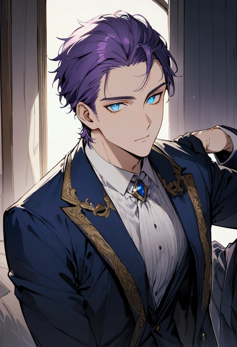 whole body、Character portrait、male、masterpiece、Handsome、The forehead is visible、1 man,  purple Hair、Worn suit、Jacket、Give bangs、Showing his forehead、Handsome、Intricately drawn eyes、good looking、((blue eyes)), 30 years old, handsome male