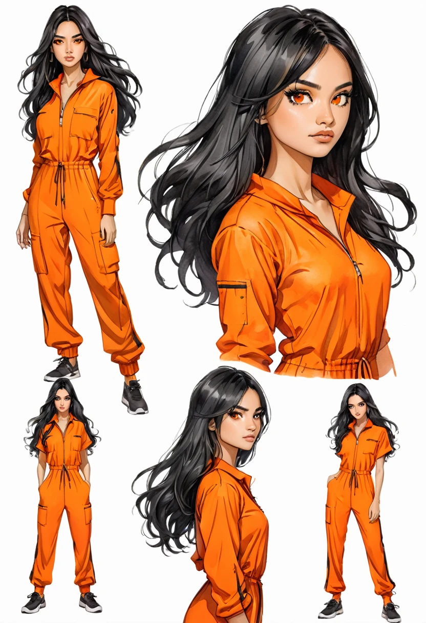 Masterpiece, ultra detailed, illustration, solo, 1girl, jenna_ortega_v4, Latina, long hair, black hair, thin and athletic, black eyes, wearing orange jumpsuit, art by Enki Bilal, watercolor, DeviantArt, high resolution, concept art, multiple views, white background, simple background 