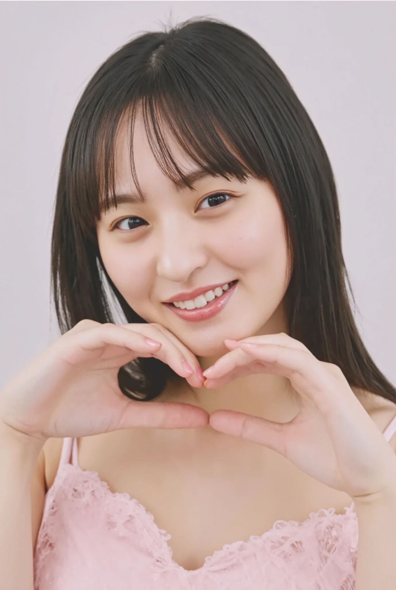 She is in a pose wearing a sexy camisole, making a firm big heart shape with both hands, and holding it in front of her chest, Cute smile up、Monotone background

