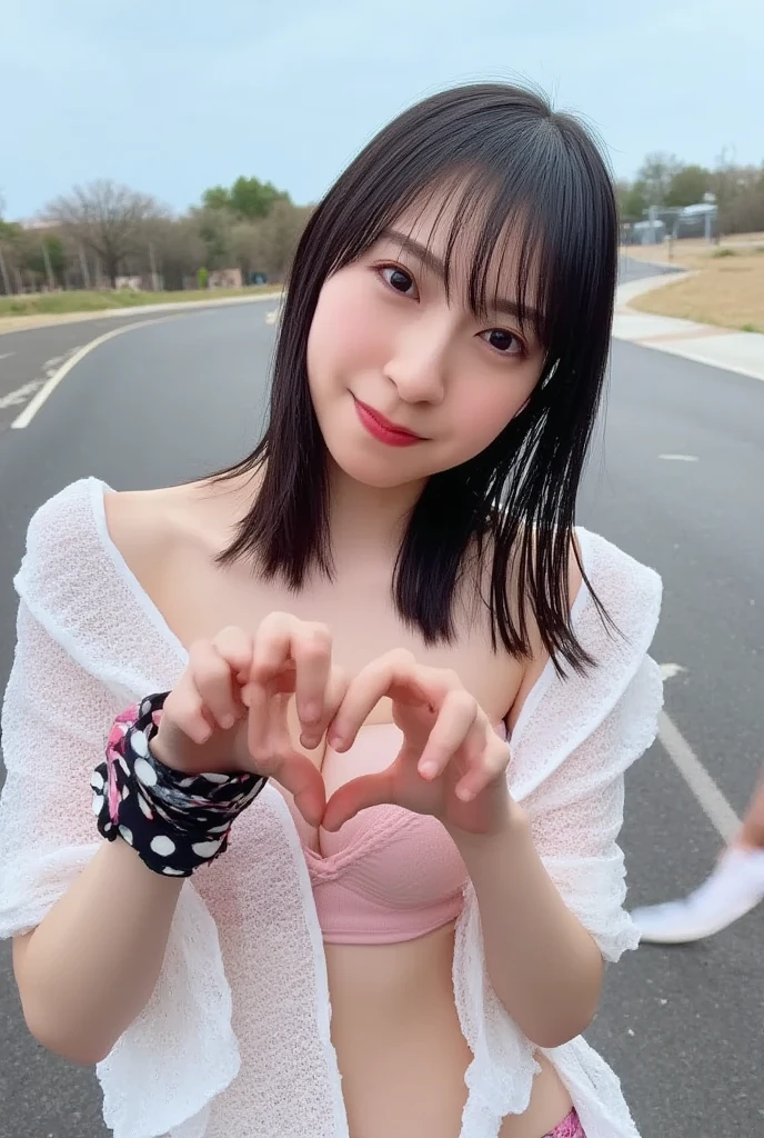 She is in a pose wearing a sexy camisole, making a firm big heart shape with both hands, and holding it in front of her chest, Cute smile up、Monotone background

