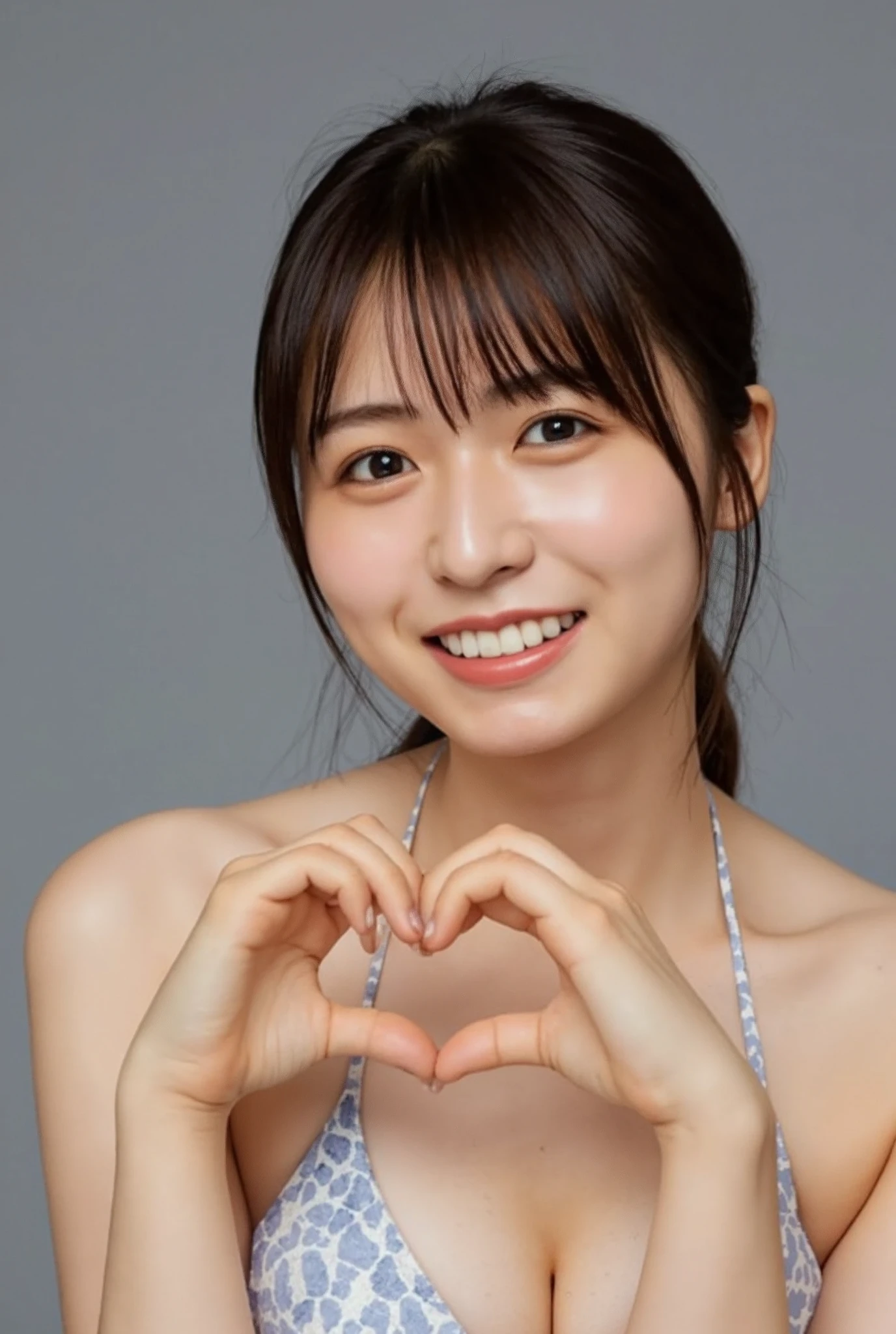 She is in a pose wearing a sexy camisole, making a firm big heart shape with both hands, and holding it in front of her chest, Cute smile up、Monotone background

