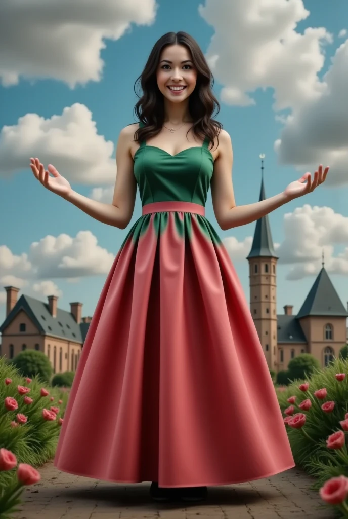 masterpiece photo of a dark-haired full-length sorceress with green eyes dressed in a magical watermelon dress actively says something while gesticulating, a cheerful facial expression, blush, interesting dynamic pose, against the background of college of magic, a rich blue sky with clouds, a lot of vegetation, bright colors, intricate bizarre color combinations, horror