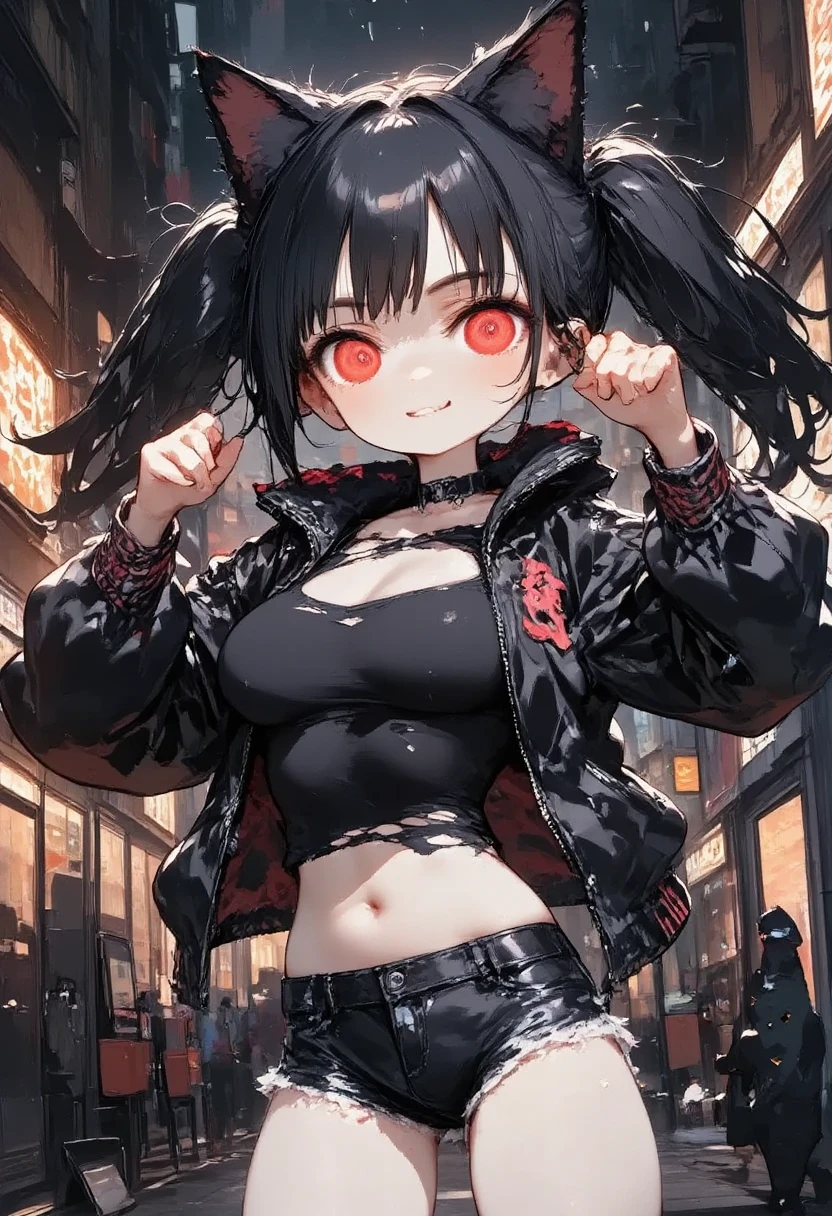 
girl\(cute, kawaii, age of 12,evil smile,black hair,long hair,twin tails hair,pale skin, skin color blue, red eyes, eyes shining,big eyes,breast,punk fashion,ripped clothes,tight tube top,tight hot pants,stomach shown,ripped black short jacket,fluffy black cat-ear,dynamic pose,spiral eyes,bang\),background\(outside, noisy city, backstreet, narrow street, neon lights, at night\)