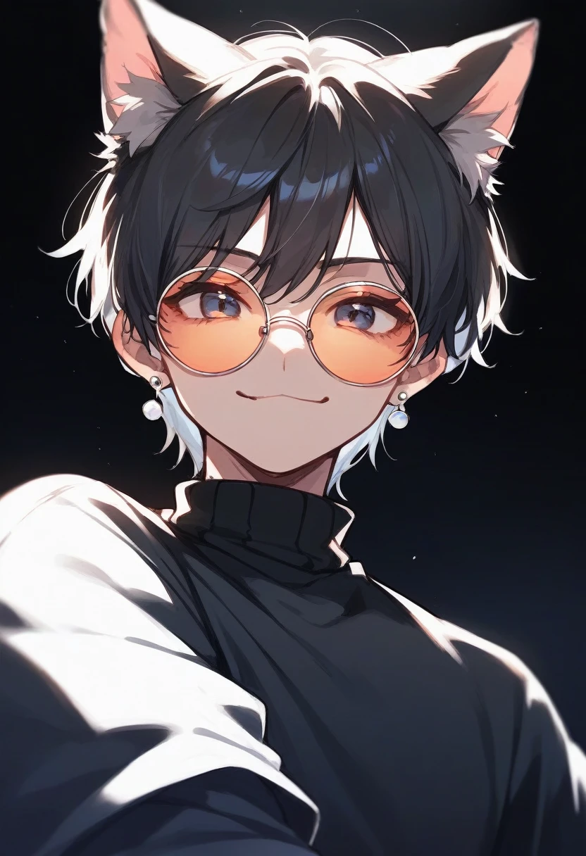 1guy Solo, High Resolution, short Hair, Cat Ears, dark background, wearing round sunglasses, black hair
Small Silver Earrings, Black Turtleneck,Smug, Looking Sideways