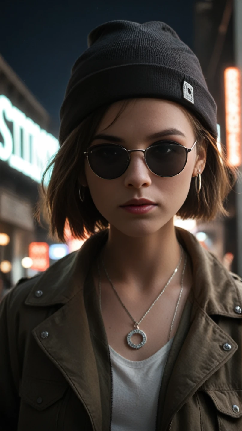 Face close up, alternative girl, watching over black sunglasses, jacket, necklace, neon light reflections on skin, ear ring, makeup, skin imperfection, short hair, beanie, neon lights background, low light, depth of field, highly detailed, high contrast, film grain, Rim Lighting, Long Exposure, DSLR